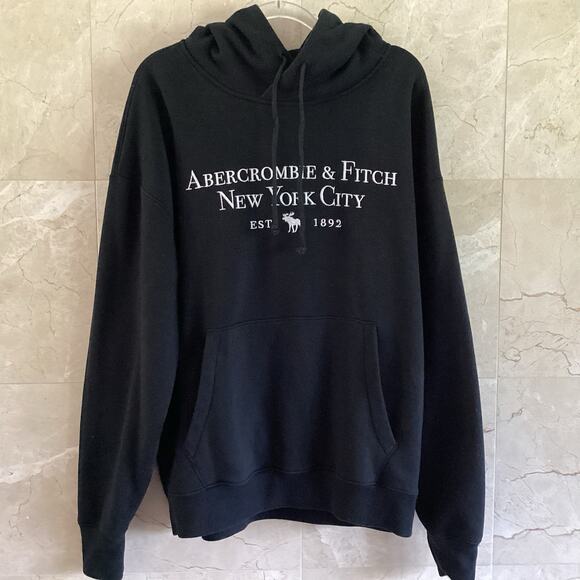 Abercrombie & Fitch Black Embroidered Logo Hoodie Sweatshirt Large Soft Relaxed - Picture 1 of 4